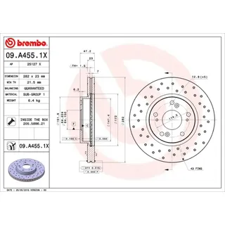 BREMBO Bremsensatz, Scheibenbremse Bremsensatz-Vorderachse XTRA LINE sk8k0f1za3 Vorderachse Gelocht/innenbel. 282mm 23mm für HONDA (GAC) ACURA