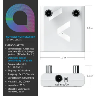 Aplic Verstärker DVB-T2, Kabel TV, Radio Antennenverstärker, 2x 13 dB Signalverstärkung