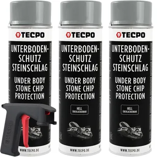 3x TECPO Unterbodenschutz überlackierbar hell, 500 ml + Pistolengriff