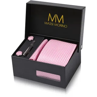 MASSI MORINO Krawatte Rosa - Kariert mit Einstecktuch Set Herren inkl. Manschettenknöpfe, Krawattennadel und Geschenkbox | Männer Krawattenset zur Hochzeit - Einheitsgröße