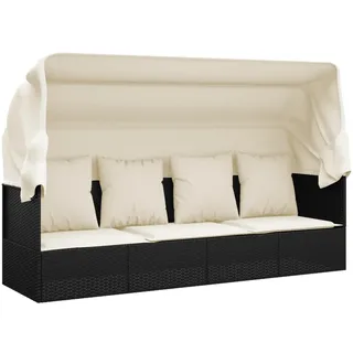 vidaXL Outdoor Loungebett, Verstellbar Gartensofa mit Kissen Dach, Sonnenliege mit Stahlrahmen, Relaxliege Lounge Sofa, Schwarz Poly Rattan