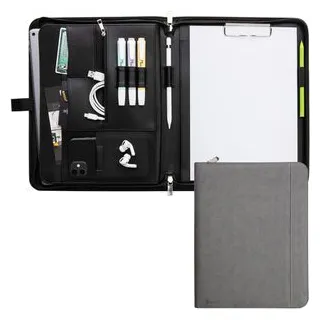 Vebon Vebon® Schreibmappe A4 groß Rom I Doppel Reißverschluss + Klemmbrett I Konferenzmappe + Laptoptasche I extra Stauraum I Schwarz Kunstleder (Phantomgrau)