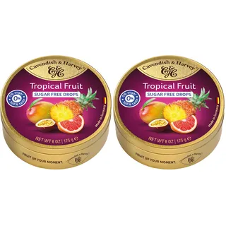 Cavendish & Harvey Sugar Free Tropical Fruit Drops 175g Dose | Mango, Grapefruit, Passionsfrucht, Ananas | Zuckerfrei | Vegan, Halal, Koscher | 1 x 175g (Packung mit 2)