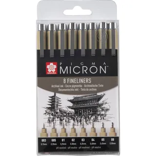 SAKURA Pigma Micron Fineliner-Set (8 Stück) | wasserfeste, permanente schwarze Tinte, verschiedene Größen Stifte zum Schreiben, Zeichnen und Tagebuch führen