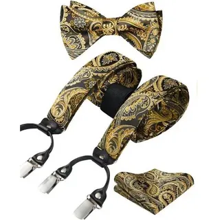 Hosenträger Herren Fliege Einstecktuch Set verstellbar A-gold-3