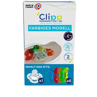 CLIPP Set – Entwöhnungsschnuller Farben + 5 Entwöhnungsschilde zur schrittweisen Abgewöhnung + Gebrauchsanweisung - Spielerisch, einfach & sanft – Patentiert – Entworfen in Frankreich – Ab 2