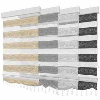 Doppelrollo Duorollo Doppelrollo mit Kassette Rankenmuster und Perlen Höhe: 250 cm, Plisseeonline, blickdicht, Deckenmontage, Freihängend, Deckenmontage mit Clips, Mit Motiv und Alu Kassette in Weiß Gold Schwarz schwarz 130 cm