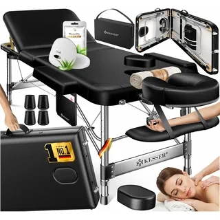 KESSER® Massageliege 3 Zonen, Bis 250kg, Massagetisch klappbar, verstellbar, tragbarer Koffer, Kosmetikliege, Therapieliege, Zubehör, Alu-Kopfstütze, Armlehne, Tragetasche, Anti Rutsch, 70cm, Schwarz