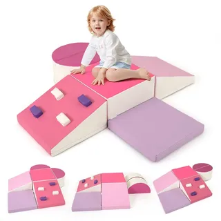 COSTWAY 6-Teiliges Schaumstoff-Kletterblock-Set, leichtes Weiches Kletter- und Krabbelspielset mit Klettverschluss & dicker Schaumstofffüllung - Rosa