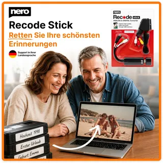 Nero VHS zu USB Video Grabber Recode Stick | VHS selbst digitalisieren | ANALOG to DIGITAL Capture Card | Videokassetten digitalisieren | S-VHS | Hi8 | Super 8 | DVD zu PC | Windows 11/10 | MacOS