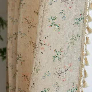 A.Monamour Vorhang Gardine mit Quaste Baumwolle Leinen Blumen Boho Landhaus Halbtransparent Blickdicht Verdunkelnd Rod Tasche Stickerei Stores für Schlafzimmer Wohnzimmer Küche Fenster 1 Stück, blumen