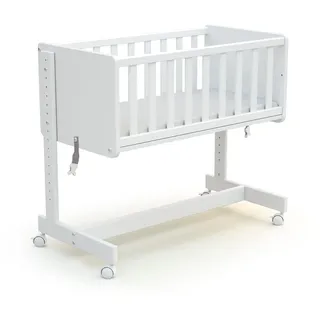 AT4 – Weige Babybett Beistellbett Holz mit Matratze und rollen CONFORT Weiß 40 x 80 cm| 86 x 58,5 x 80 cm | Kinderbett mit Matratze inklusive 40x80x5cm | 4 multidirektionale Räder | Leicht zu bewegen