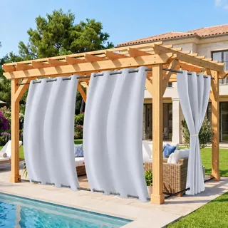 Rosnek Outdoor Vorhang Wetterfest Winddicht, Balkon Gardinen mit Ösen Oben & Unten, Blickdicht Wasserdicht Sonnenschutz Sichtschutz Gardinen für Terrasse,Pergola,Pavillon, H213x B132 cm, Grauweiß