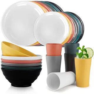 Bestdin Plastik Geschirr Set, 24-teiliges Camping Geschirr Set 6 personen, Unzerbrechlich Picknick Geschirr mit Schüssel Teller und Becher für Camping, Picknick, Party, BPA-Frei|Spülmaschinenfest