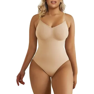 SHAPERX Bodysuit Figurenformend Damen Body Shaper Bauchweg Sculpting Shapewear Tanga Ganzkörper Formende Bodys Verstellbarer Schultergurt, UK-SZ5215-Beige-L/XL - L-XL