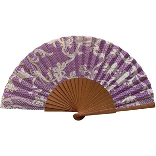 Tusitala Barcelona Spanischer Handfächer Bolillo Malva–Holz und Baumwolle–23 cm–Etui und Hülle aus Jute–Modeaccessoire–Handgefertigt in Spanien–Events und Geschenke–Traditionskollektion