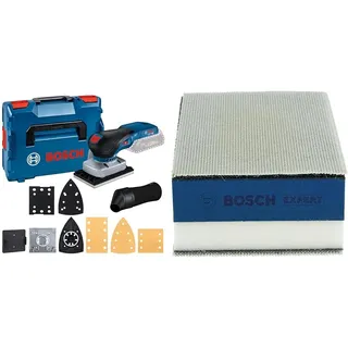 Bosch Professional 18V System Akku-Schwingschleifer GSS 18V-13 (inkl. Staubbeutel, 3 x Schleifplatte, 3 x Schleifblatt, Lochwerkzeug, in L-BOXX) + 1x Expert Dual Density Handschleifblock