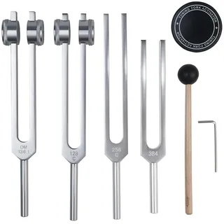NEWFUN Stimmgabel,Stimmgabel Neurologie,Stimmgabel 440 Hz,Set von 4 Stimmgabeln (128HZ, 136.1HZ, 256HZ, 384 Hz) für Klangtherapie Gewichtete Stimmgabel Geeignet für Meditation