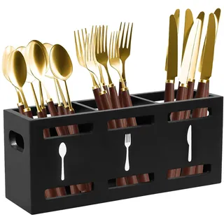 3 Teilig Besteckkasten aus Holz Metall, Besteckhalter Besteckkorb, Besteck Organizer Küchenutensilienhalter für Küche Besteckständer, Esstischdeko Besteckbehälter Küchenorganizer, 25.5*8.7cm (Schwarz)
