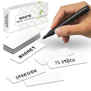 2DOBOARD Magnetstreifen beschreibbar - 7,5 cm x 2,5 cm Weiß - 75 Stück - Magnetschilder zum beschriften – Für Kühlschrank, Whiteboard & Tafel - Magnetetiketten