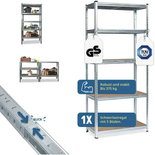 Grafner Schwerlastregal Werkstattregal Steckregal Lagerregal 172x75x30 cm mit 5 Böden max. 375 kg Metall verzinkt Kellerregal