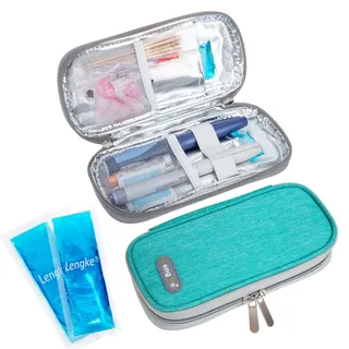 SUNMON Insulin Kühltasche mit 2 wiederverwendbaren Kühlakkus, Isolierte Insulin Pen Kühltasche Wasserdicht Reisetasche für Diabetikerzubehör,4-6 Std.Kühlung Medikamententasche 20.8x9.4x3cm (Grün)
