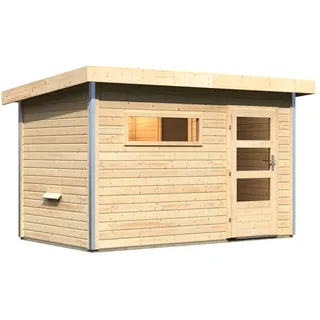 Karibu Gartensauna Pultdach Saunahaus Skrollan 1 mit Vorraum-Ohne Ofen-Moderne Saunatür (Klarglas)