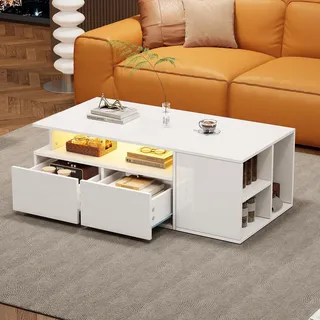 BTM Couchtisch mit LED und Stauraum 100x50x35cm 60kg Tragkraft, 2 Schubladen und 3 Seitfächer App Steuerung, Weißes Hochglanz