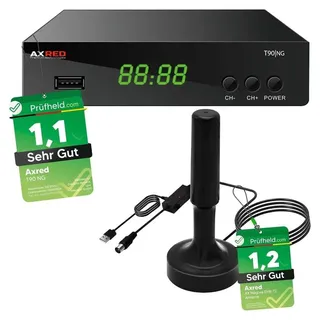 AXRED T90 HD DVBT2 Receiver + AX Magnes DVB-T/DVB-T2 Antenne mit Verstärker 30dBi für innen außen, mit PVR Aufnahmefunktion, für DVB T2 TV Fern...