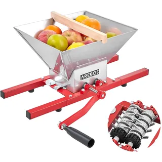 Arebos Obstmühle 7L | Beerenmühle Obstpresse | Obsthäcksler mit Handkurbel | Traubenmühle mit Edelstahl Trichter & Einfüllstutzen | Maischemühle | Mühle für Apfelwein, Apfelpresse manuell