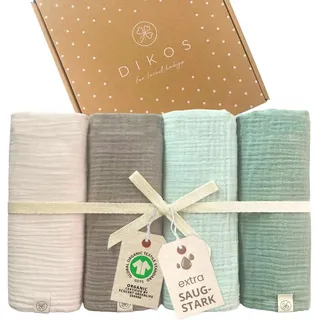 DIKOS® Baby Mulltücher 4er Premium Set (Creme, Taupe, Mint & Salbei) – 64x64cm – saugstarke Musselintücher aus weicher Bio-Baumwolle (GOTS & Oeko-TEX) – Spucktücher Neugeborene – Geschenk zur Geburt