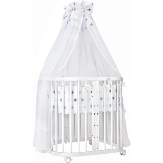 Waldin Mobiles Babybett aus Holz 7in1 mit Matratze, mitwachsend,Stoffe Sterne blau,Holz weiß - Blau