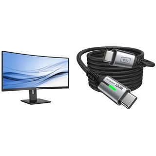 Philips 346B1C - 34 Zoll WQHD Curved USB-C Docking Monitor, höhenverstellbar & INIU USB C Kabel, 100W [2m] PD3.0 Schnellladekabel USB C auf USB C