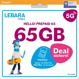 LEBARA Hello! 65 Prepaid SIM-Karte | Handy-Tarif ohne Vertrag | inkl. Allnet Flat Minuten & SMS in alle dt. Netze + 65 GB inkl. 5G + 300 Minuten ins Ausland + EU-Roaming