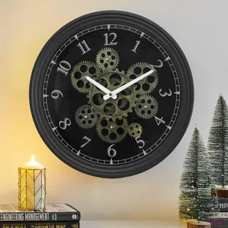 CLXEAST 38,5 cm Wanduhr mit echten beweglichen Zahnrädern, Vintage Industriestil Steampunk Wanduhr, Metall Schwarze Wanduhr für Wohnzimmerdekoration, Küche, Home Office.