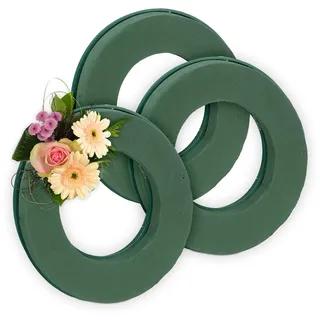Relaxdays Steckschaum für Frischblumen, 3er Set, Ring, Ø 25 cm, Blumengesteck zum Basteln, Schaumstoff Steckkranz, grün