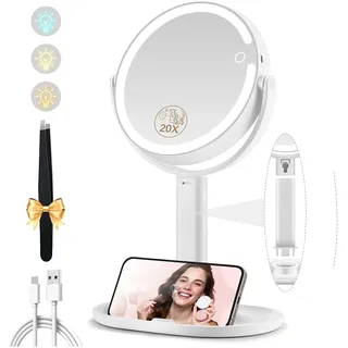 MOMOKUBA Kosmetikspiegel mit Beleuchtung, Vergrößerungsspiegel mit Licht 20fach, Kosmetikspiegel mit Vergrößerung 8", Doppelseitig 3 Farben 64 Led, Schminkspiegel mit Beleuchtung Rund 360° Drehbar