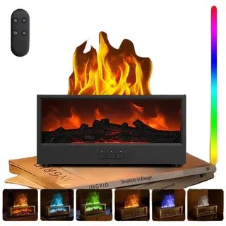 ravsfbca Aroma Diffuser mit LED Kamin, Duftöl Diffusor für Ätherische Öle mit 7-Farben-Licht Luftbefeuchter mit Fernbedienung, Timer, Wasserlose Abschaltautomatik