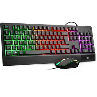 Rii Gaming Tastatur und Maus Set, Maus und Tastatur, RGB Hintergrundbeleuchtung QWERTZ (DE-Layout), Regenbogen Farben Beleuchtete USB Wasserdicht Tastatur und Maus mit 3200 für Pro PC Gamer