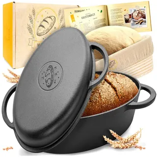 krustenzauber 34cm Gusseisen Bräter mit Deckel backofengeeignet inkl. Gärkorb - ovaler Gusseisen Topf Brot Backen - Ideal als Ofenform, Bräter Induktion, Brotbacktopf, Brot Backen Zubehör