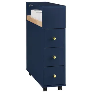 SoBuy Nischenschrank mit 3 Schubladen Badezimmerschrank mit Rollen Blau BZR195-B