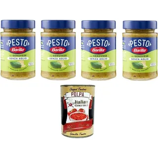 Barilla Pesto Alla Genovese senz'Aglio Condimento e Sugo per Pasta Genueser Pesto ohne Knoblauchgewürz und Nudelsauce 4x190gr + Italian Gourmet po...
