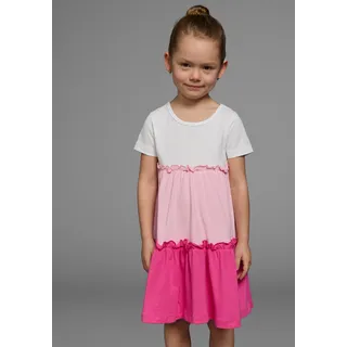 Jerseykleid KIDSWORLD "- Volantkleid für kleine Mädchen", Mädchen, Gr. 92/98, N-Gr, pink (weiß, rosa, pink), Single Jersey, Obermaterial: 100% Baumwolle, colorblocking, ausgestellt kniefrei, Rundhals, abgesteppte Kante, Kleider Jerseykleid, festliche Anlässe, kniefreie Länge, verspielter Stil