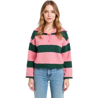 Damen Strick-Troyer mit Knöpfen gestreifter Strick-Pulli Große Größen 974173 Rosa/Grün - 52/54