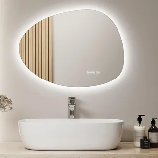 S'AFIELINA Badspiegel mit Beleuchtung 45 × 60 × 2,5 cm (H×B×T)Rund Asymmetrischer Spiegel mit Touch-Schalter, Dimmbar, 3 Lichtfarbe Einstellbare, Beschlagfrei, Speicherfunktion Spiegel mit Beleuchtung