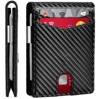 ibettertec Mini Geldbörse Geldbörse Herren Slim Wallet RFID Blocking Kohlefaserleder (Portmonee Herren mit 11 Kartenetui, Ausweisfenster, Geldscheinklammer, Minimalistischer Geldbeutel Herren,Geldbörse Herren mit RFID Schutz, Portmonee Portemonnaie Herren klein, Slim Wallet mit Münzfach, Mini Geldbörse Herren&Damen, Kreditkartenetui Kartenetui-Geldbeutel) schwarz