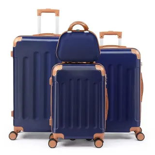 FCH Kofferset 4 teilig Hartschale, Trolley Handgepäck Aus ABS mit Beautycase, Hartschalenkoffer Set, Navy-Braun - Blau