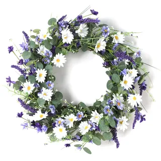Künstliche Blumen Gänseblümchen Kranz, Frühlingskranz Türkranz Frühling Außen, Türkranz Ganzjährig Simulation Gänseblümchenkranz für Tür Wand Wohnzimmer Hochzeit Deko (50cm)