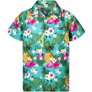 King Kameha Funky Hawaiihemd Kinder Jungen Mädchen Kurzarm Fronttasche Hawaii-Print Unisex Ananas Blätter Muster - 6 Jahre