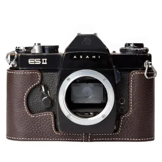 ES2 Vintage Echtleder-Kameratasche Halb-Wrap Echtleder-Kameraschutz für Pentax ES II (Mokka-weiße Linie)